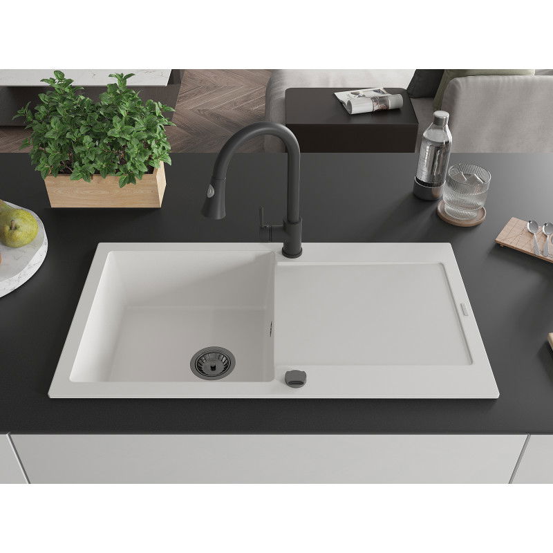 Mexen Leo granite sink 1-bowl with drainer and Elia kitchen tap, white - 6501-20-670101-70