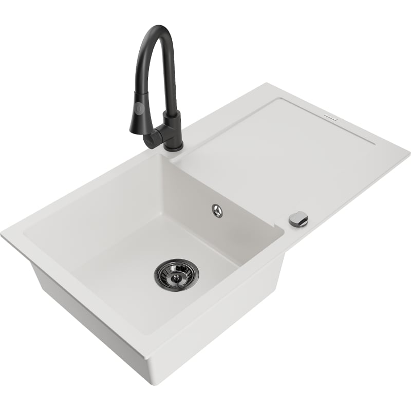 Mexen Leo granite sink 1-bowl with drainer and kitchen faucet Elia, white - 6501-20-670101-70