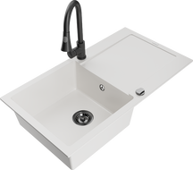 Mexen Leo 1-bowl granite sink with drainer and Elia kitchen faucet, white - 6501-20-670101-70