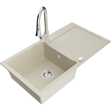 Mexen Leo 1-bowl granite sink with drainer and Elia kitchen faucet, beige - 6501-69-670101-00