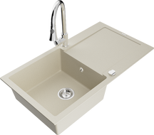 Mexen Leo 1-compartment granite sink with a drip tray and kitchen mixer tap Elia, Beige - 6501-69-670101-00
