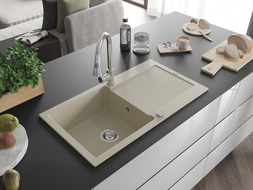 Mexen Leo 1-compartment granite sink with a drip tray and kitchen mixer tap Elia, Beige - 6501-69-670101-00
