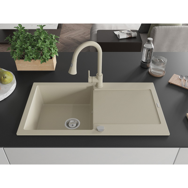 Mexen Leo granite sink 1-bowl with drainer and Elia kitchen faucet, beige - 6501-69-670101-69