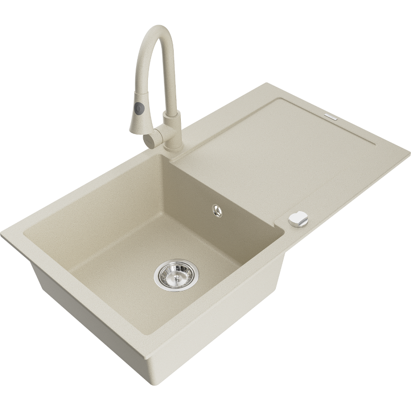 Mexen Leo granite kitchen sink 1-bowl with drainer and Elia kitchen tap, beige - 6501-69-670101-69
