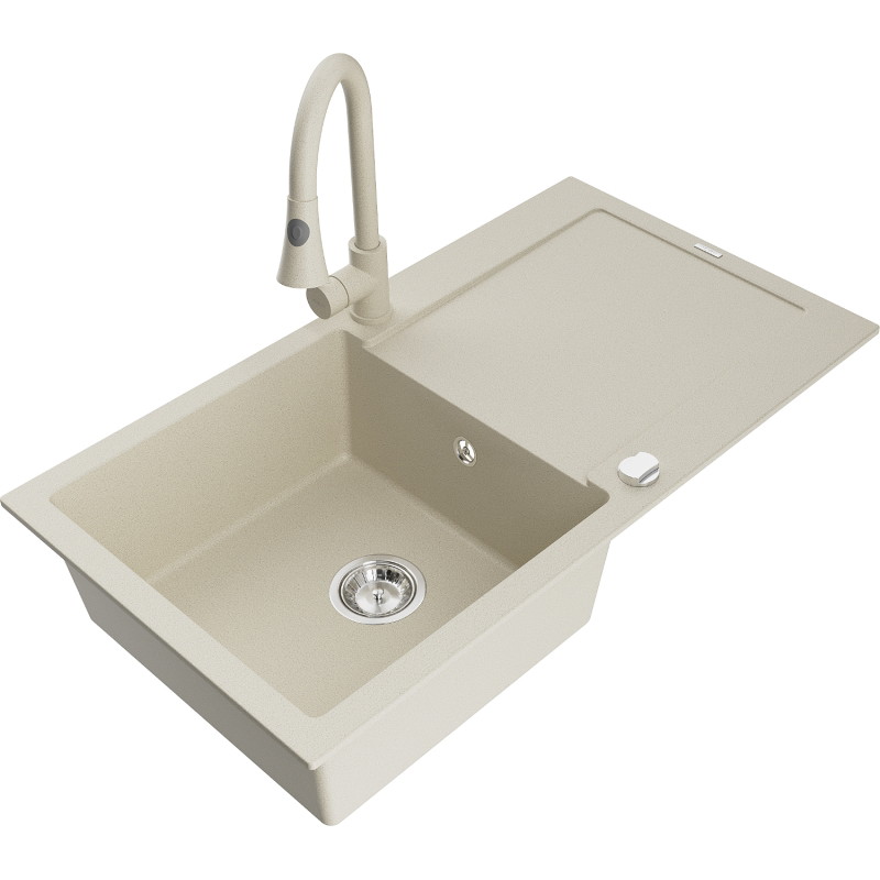 Mexen Leo single-bowl granite sink with drainer and Elia kitchen faucet, beige - 6501-69-670101-69