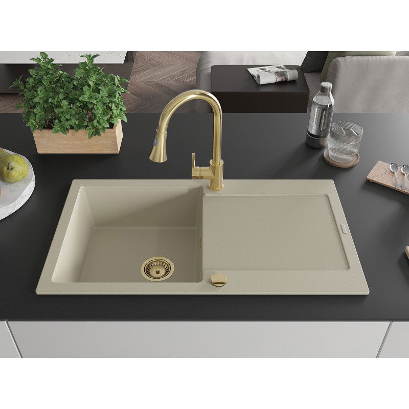 Mexen Leo granite sink with 1 bowl, drainer, and Elia kitchen tap, beige - 6501-69-670101-50