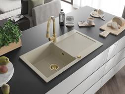 Mexen Leo 1-compartment granite sink with a drip tray and kitchen mixer tap Elia, Beige - 6501-69-670101-50