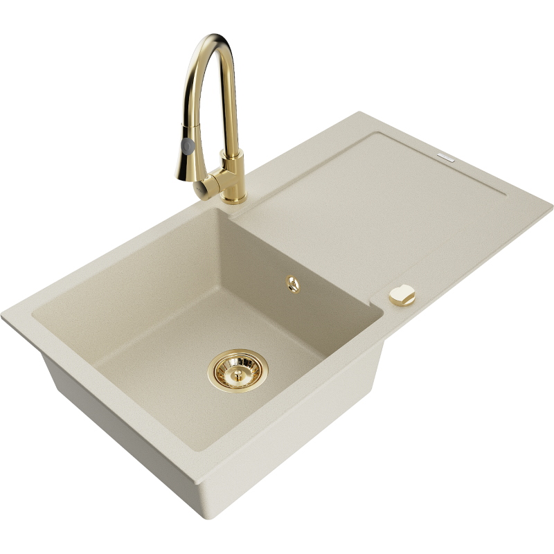Mexen Leo 1-compartment granite sink with a drip tray and kitchen mixer tap Elia, Beige - 6501-69-670101-50