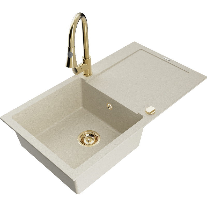 Mexen Leo granit sink 1-bowl with drainer and Elia kitchen faucet, beige - 6501-69-670101-50
