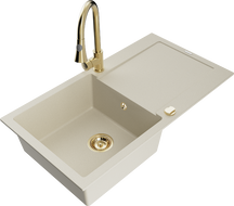 Mexen Leo 1-compartment granite sink with a drip tray and kitchen mixer tap Elia, Beige - 6501-69-670101-50