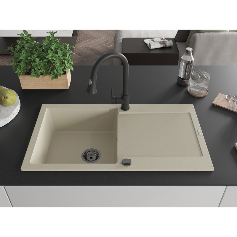 Mexen Leo 1-bowl granite sink with drainer and Elia kitchen faucet, beige - 6501-69-670101-70