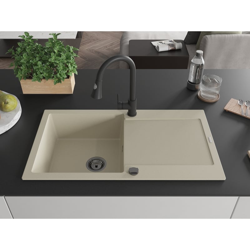 Mexen Leo granite kitchen sink 1-bowl with drainer and Elia kitchen faucet, beige - 6501-69-670101-70