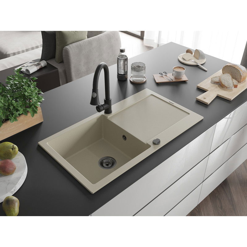 Mexen Leo 1-bowl granite sink with drainer and Elia kitchen tap, beige - 6501-69-670101-70