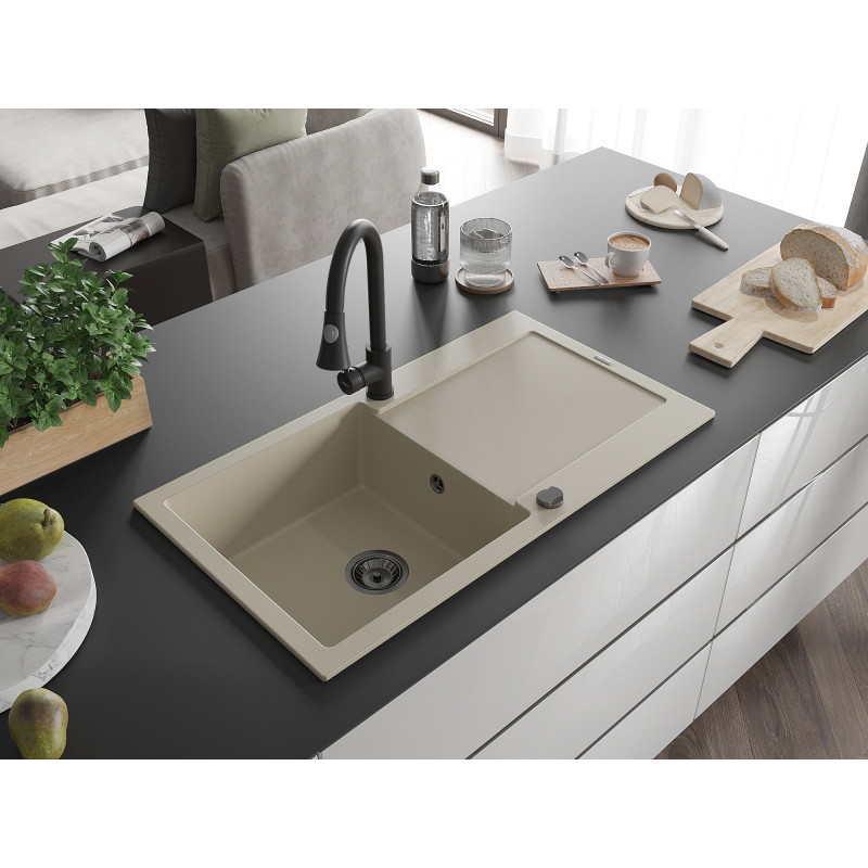 Mexen Leo granite kitchen sink 1-bowl with drainer and Elia kitchen faucet, beige - 6501-69-670101-70