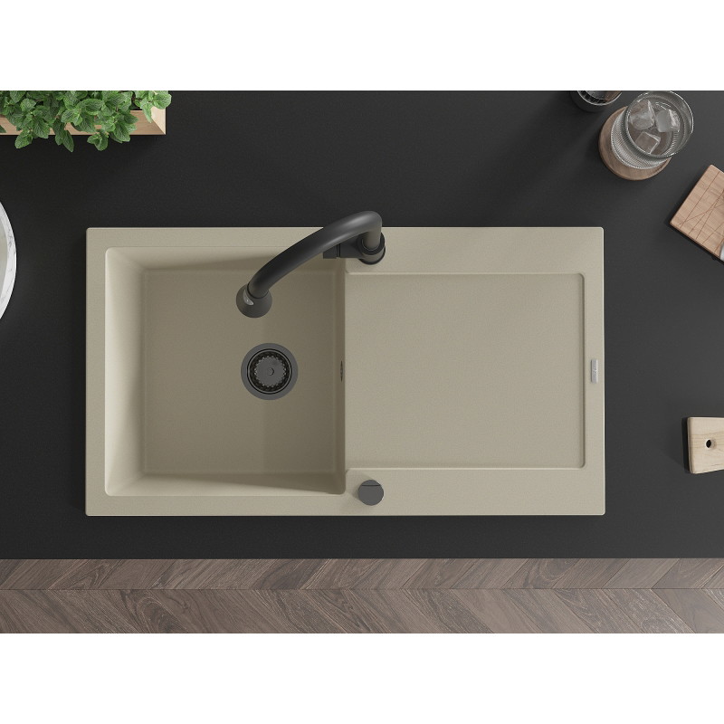 Mexen Leo granite kitchen sink 1-bowl with drainer and Elia kitchen faucet, beige - 6501-69-670101-70
