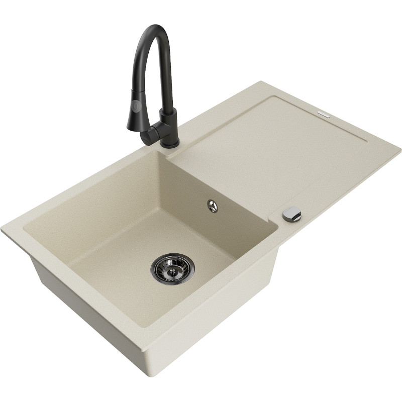Mexen Leo 1-bowl granite sink with drainer and Elia kitchen faucet, beige - 6501-69-670101-70
