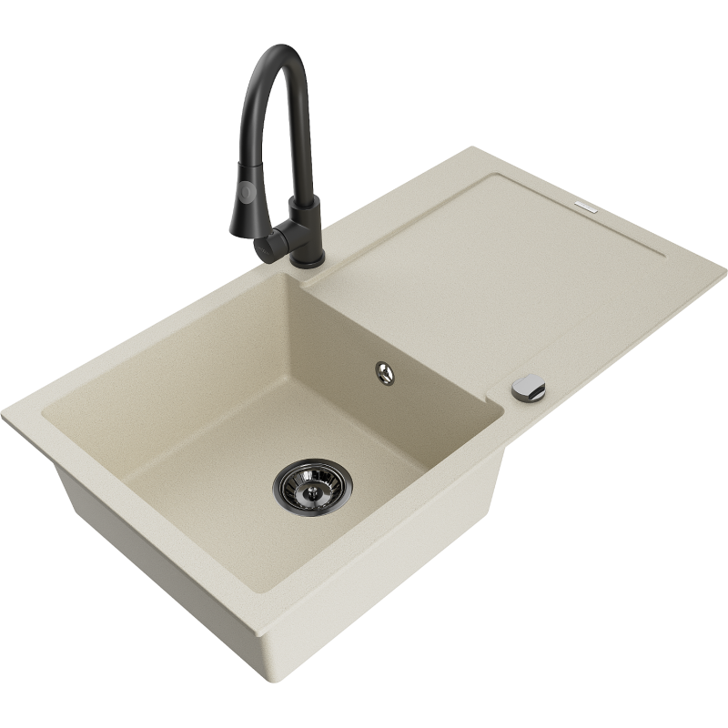 Mexen Leo 1-compartment granite sink with a drip tray and kitchen mixer tap Elia, Beige - 6501-69-670101-70