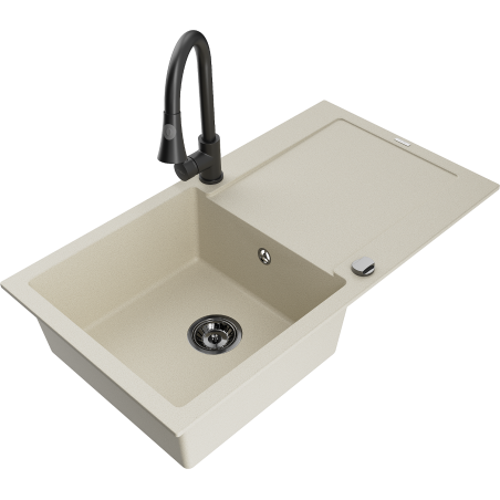 Mexen Leo 1-bowl granite sink with drainer and Elia kitchen faucet, beige - 6501-69-670101-70