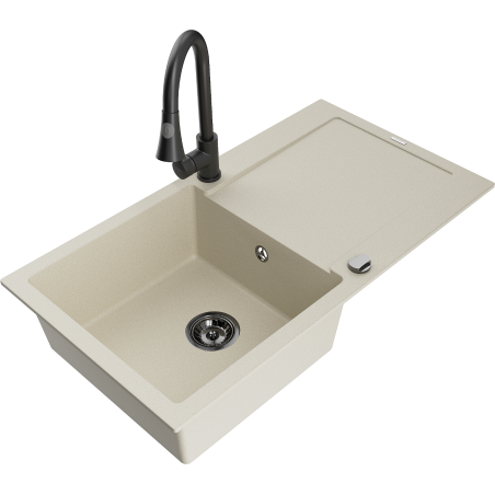 Mexen Leo 1-bowl granite sink with drainer and Elia kitchen tap, beige - 6501-69-670101-70
