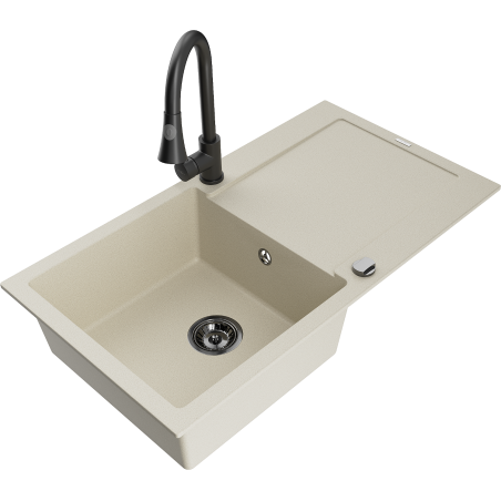 Mexen Leo granite kitchen sink 1-bowl with drainer and Elia kitchen faucet, beige - 6501-69-670101-70