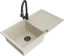 Mexen Leo 1-bowl granite sink with drainer and Elia kitchen faucet, beige - 6501-69-670101-70