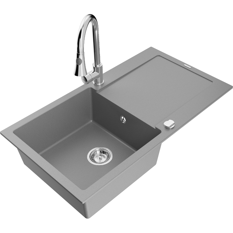 Mexen Leo 1-bowl granite sink with drainer and Elia kitchen tap, grey - 6501-71-670101-00