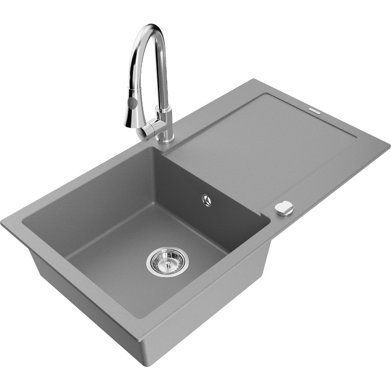 Mexen Leo granite kitchen sink 1-bowl with drainer and Elia kitchen faucet, gray - 6501-71-670101-00