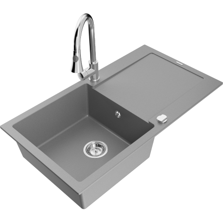 Mexen Leo 1-bowl granite sink with drainer and Elia kitchen tap, grey - 6501-71-670101-00