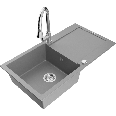 Mexen Leo granite kitchen sink 1-bowl with drainer and Elia kitchen faucet, gray - 6501-71-670101-00