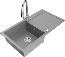 Mexen Leo 1-compartment granite sink with a drip tray and kitchen mixer tap Elia, Grey - 6501-71-670101-00