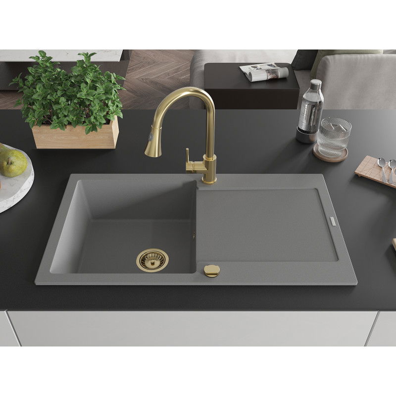 Mexen Leo granite sink 1-bowl with drainer and Elia kitchen tap, grey - 6501-71-670101-50