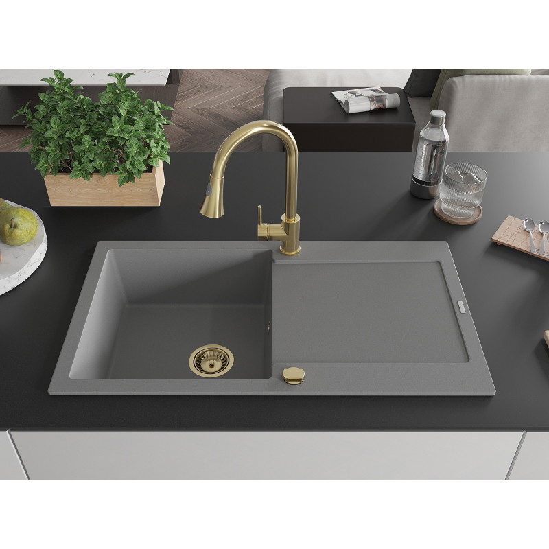 Mexen Leo gray 1-bowl granite sink with drainer and Elia kitchen faucet - 6501-71-670101-50