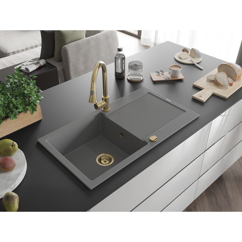 Mexen Leo gray 1-bowl granite sink with drainer and Elia kitchen faucet - 6501-71-670101-50
