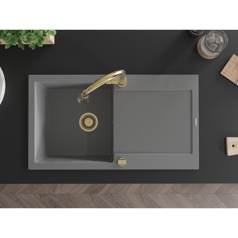 Mexen Leo granite sink 1-bowl with drainer and Elia kitchen tap, grey - 6501-71-670101-50