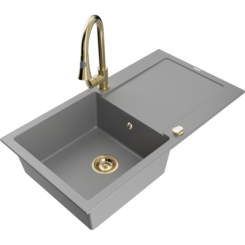 Mexen Leo granite sink 1-bowl with drainer and Elia kitchen tap, grey - 6501-71-670101-50