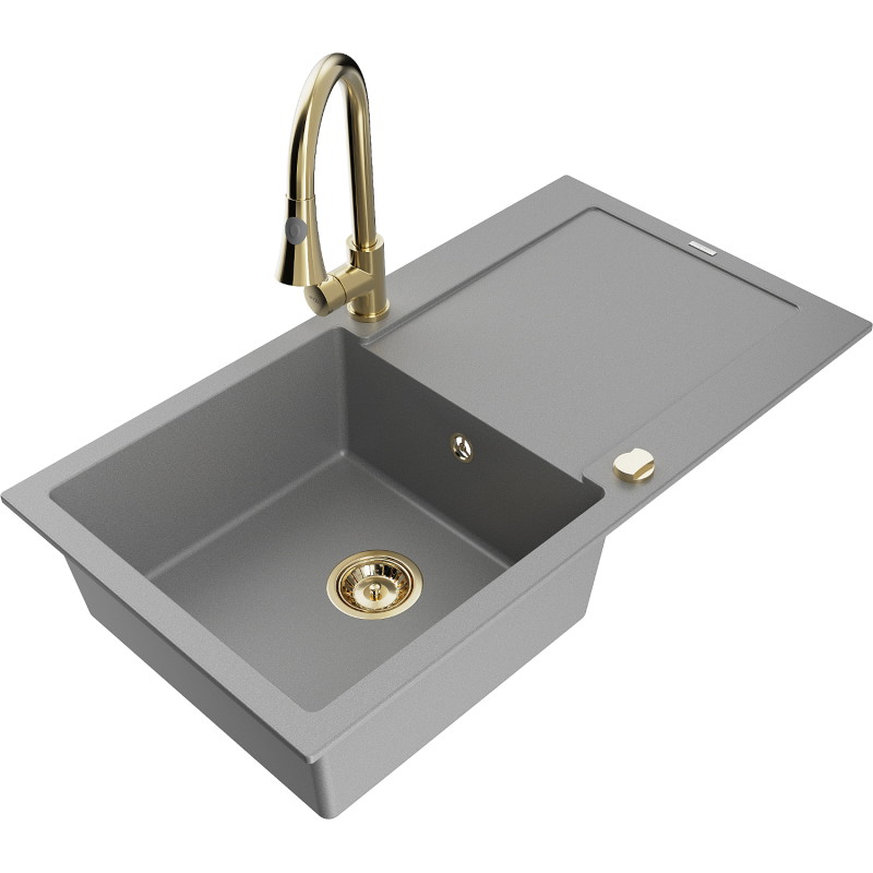 Mexen Leo gray 1-bowl granite sink with drainer and Elia kitchen faucet - 6501-71-670101-50
