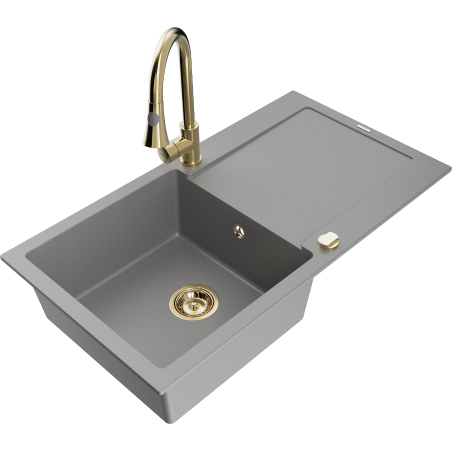 Mexen Leo granite single-bowl kitchen sink with drainer and Elia kitchen faucet, gray - 6501-71-670101-50