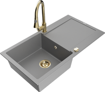 Mexen Leo granite sink 1-bowl with drainer and Elia kitchen tap, grey - 6501-71-670101-50