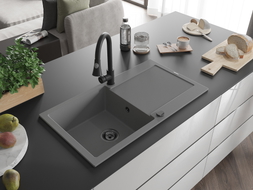 Mexen Leo granite single-bowl sink with drainer and kitchen faucet Elia, gray - 6501-71-670101-70-B