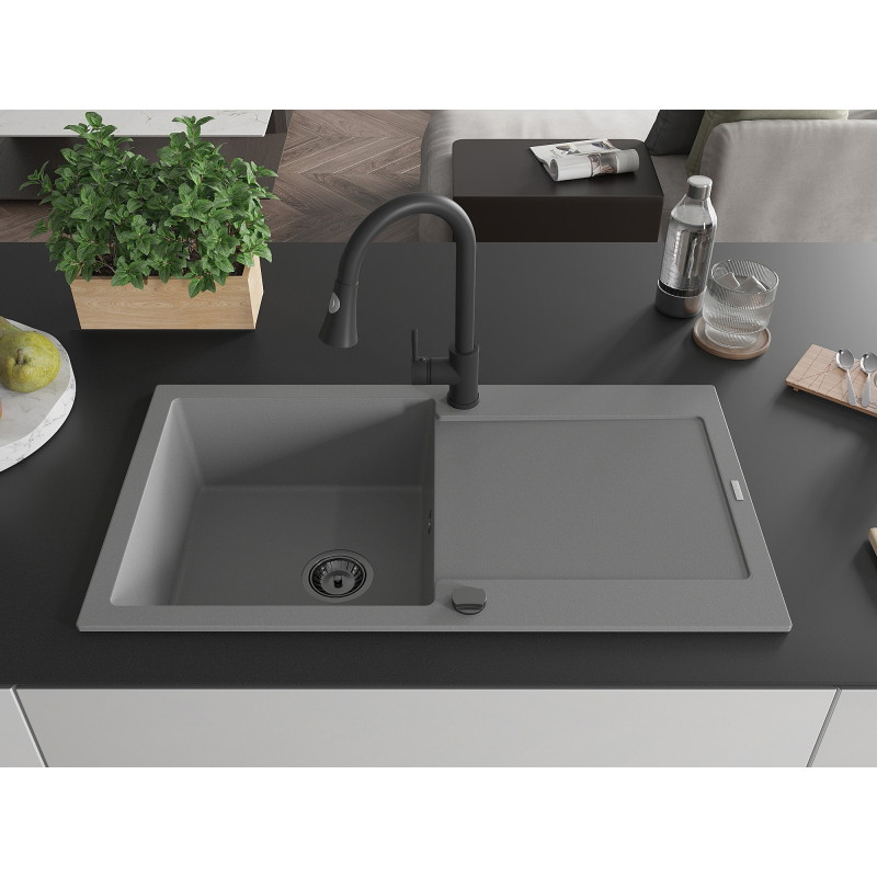 Mexen Leo granite sink 1-bowl with drainer and Elia kitchen faucet, gray - 6501-71-670101-70-B