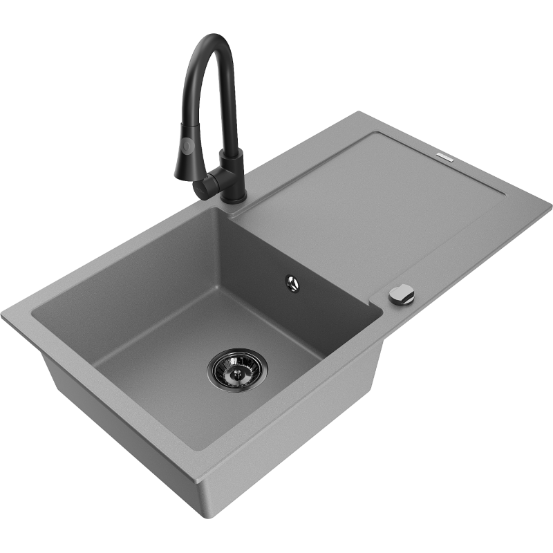 Mexen Leo 1-bowl granite sink with drainer and Elia kitchen tap, grey - 6501-71-670101-70-B
