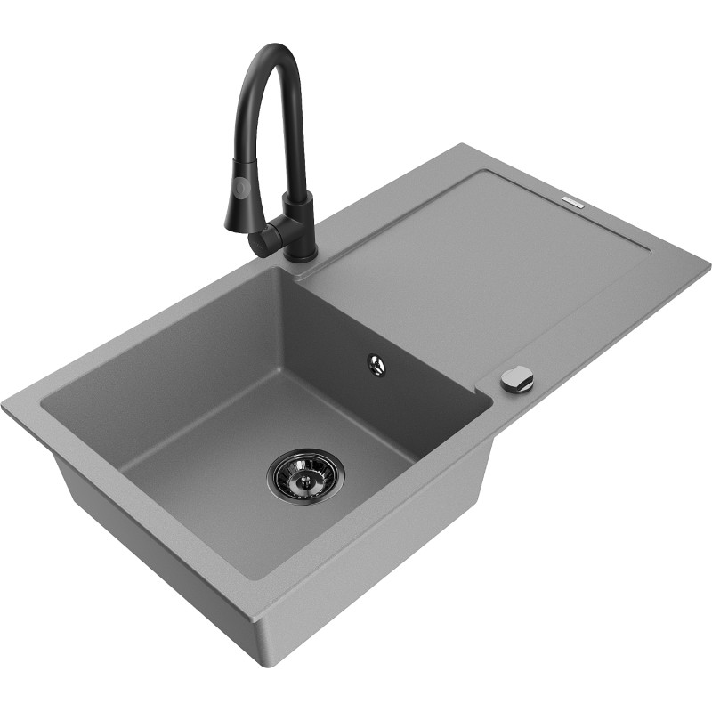 Mexen Leo granite sink 1-bowl with drainer and Elia kitchen faucet, gray - 6501-71-670101-70-B