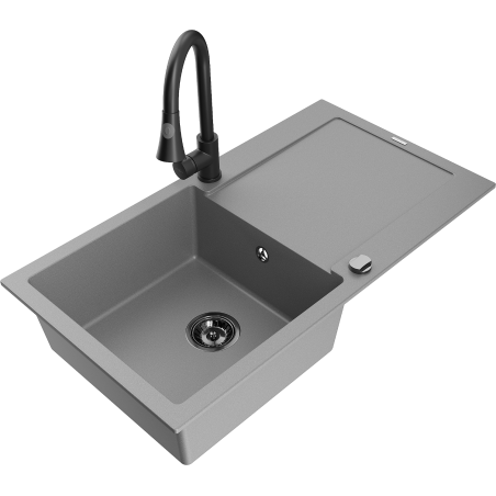 Mexen Leo 1-bowl granite sink with drainer and Elia kitchen tap, grey - 6501-71-670101-70-B