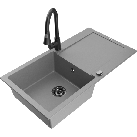 Mexen Leo 1-compartment granite sink with a drip tray and kitchen mixer tap Elia, Grey - 6501-71-670101-70-B