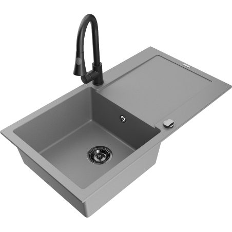 Mexen Leo granite sink 1-bowl with drainer and Elia kitchen faucet, gray - 6501-71-670101-70-B