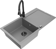 Mexen Leo 1-bowl granite sink with drainer and Elia kitchen tap, grey - 6501-71-670101-70-B