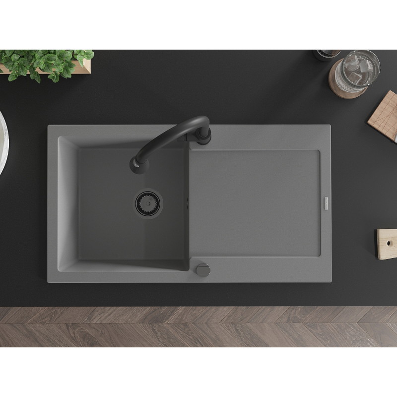 Mexen Leo granite sink 1-bowl with drainer and Elia kitchen faucet, gray - 6501-71-670101-70-B