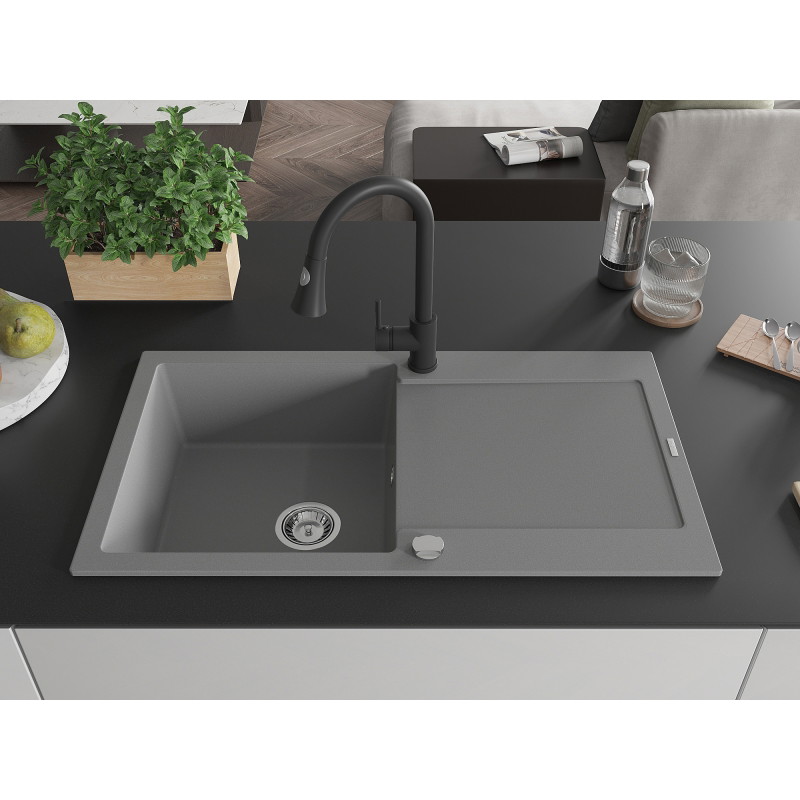 Mexen Leo 1-bowl granite sink with drainer and Elia kitchen faucet, gray - 6501-71-670101-70