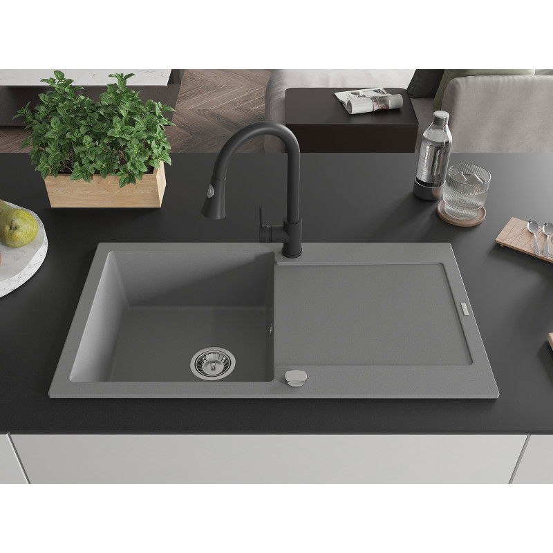 Mexen Leo granite sink 1-bowl with drainer and Elia kitchen tap, grey - 6501-71-670101-70