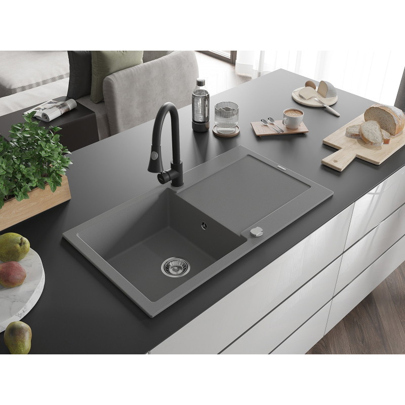 Mexen Leo 1-bowl granite sink with drainer and Elia kitchen faucet, gray - 6501-71-670101-70